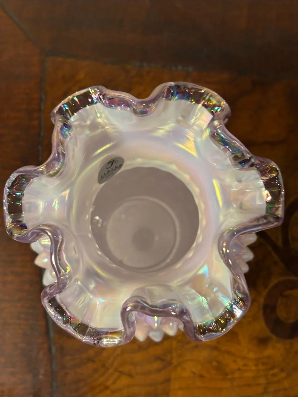 Fenton Iridescent Lavender Hobnail Ruffled Vase